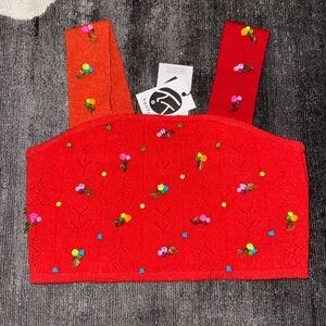 YANYAN Vibrant Red Knit Top with Floral Details size